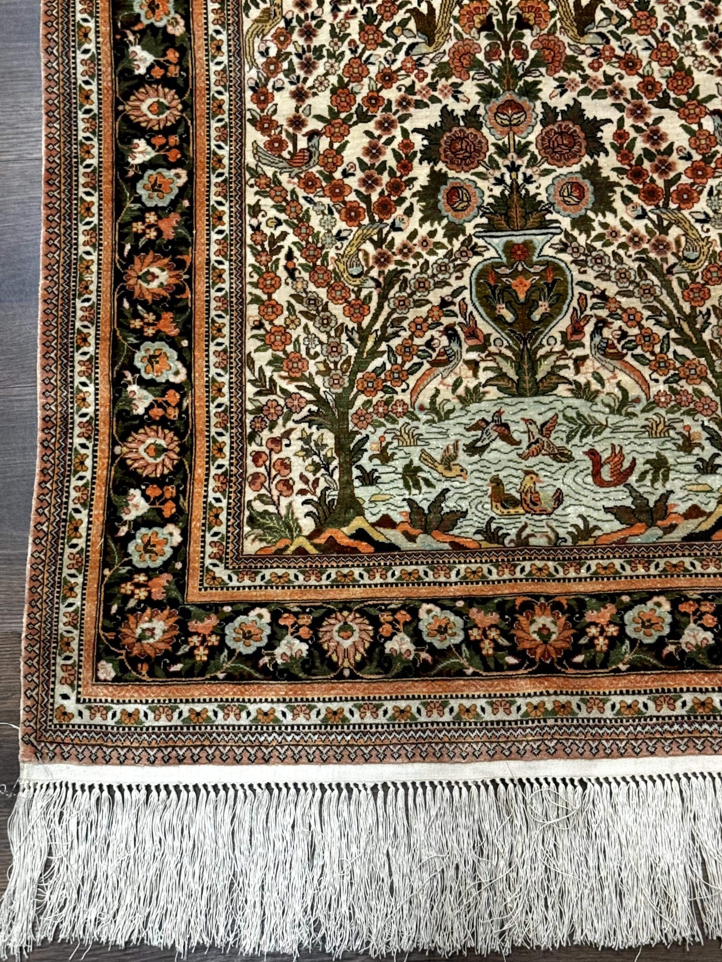 Handmade Silk Rug 2.6 By 4 Tree Of Life Vase Bird Pictorial Very Fine 630 KPSI