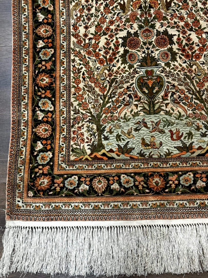 Handmade Silk Rug 2.6 By 4 Tree Of Life Vase Bird Pictorial Very Fine 630 KPSI