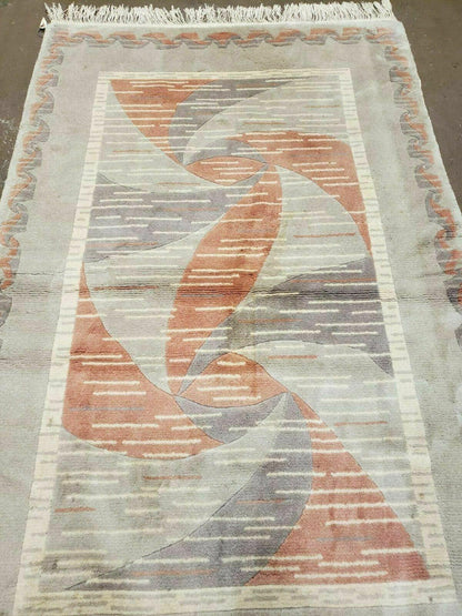Handmade Chinese Accent Rug 3x5 Silk On Cotton Abstract Contemporary Design Beige And Orange