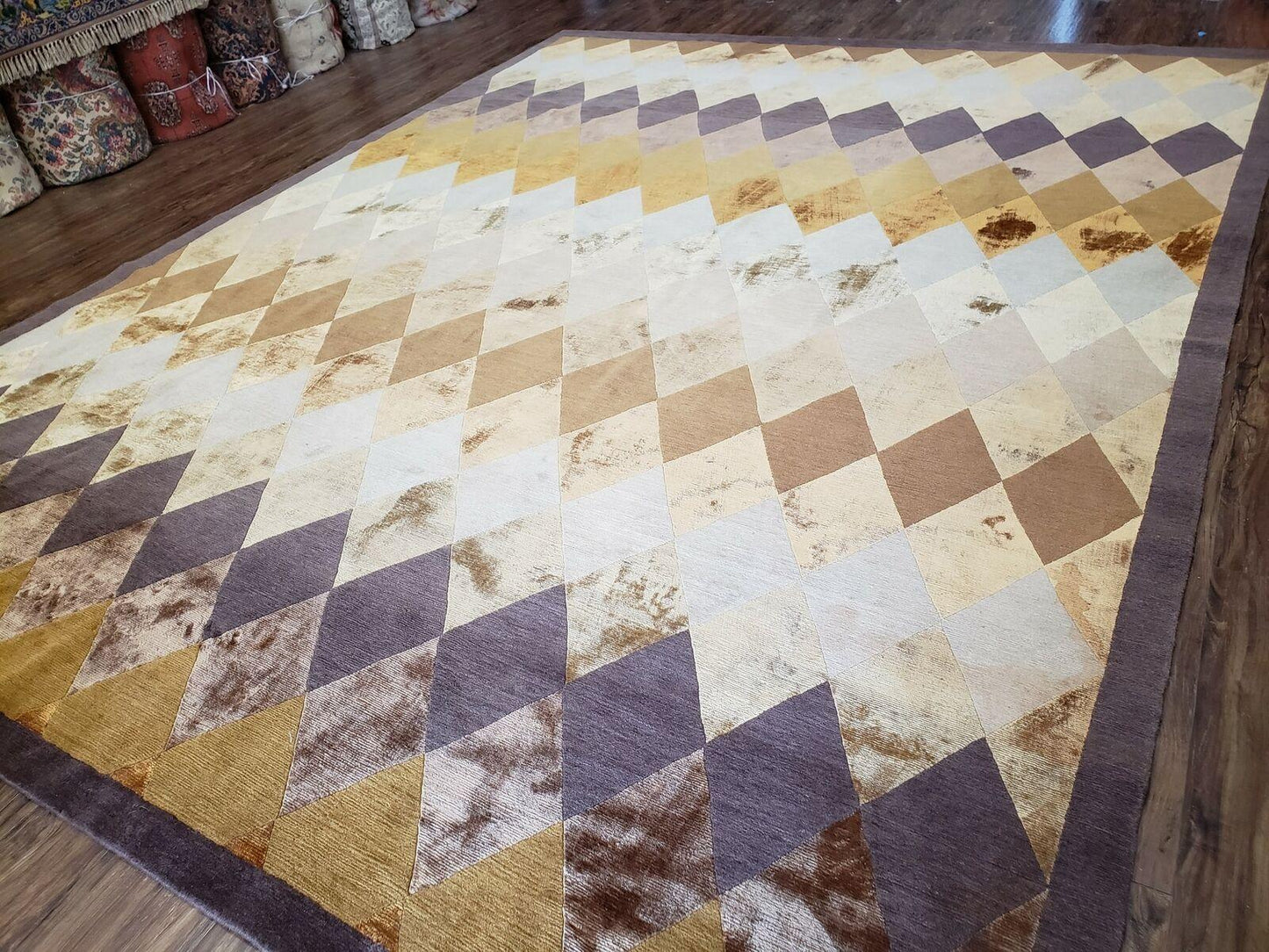 Hand Knotted Tibetan Rug 8.6 x 11 Wool and Silk Multicolor Diamond Panel Design