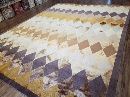 Hand Knotted Tibetan Rug 8.6 x 11 Wool and Silk Multicolor Diamond Panel Design