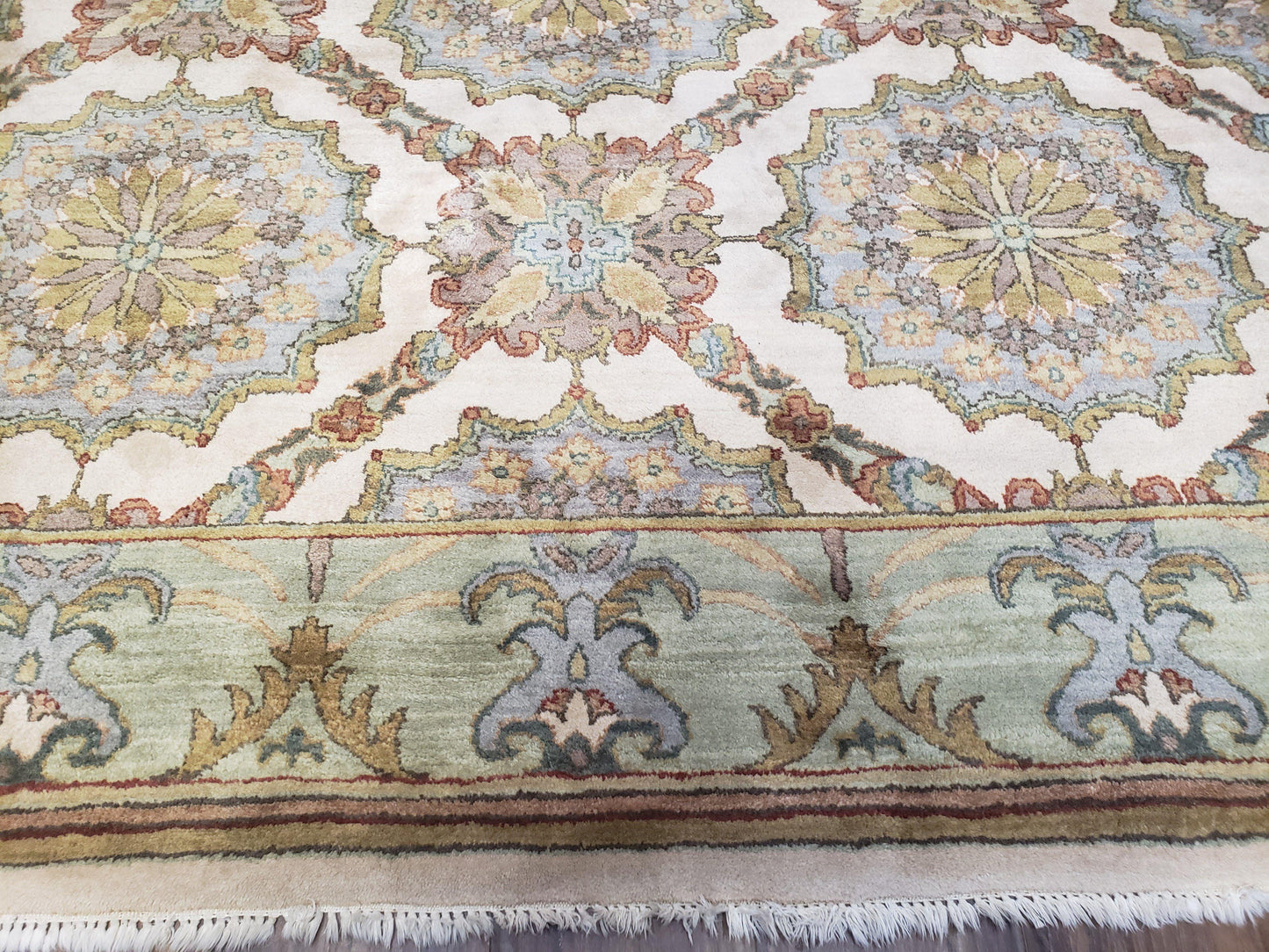 Indo Sultanabad Area Rug 8 x 9.5, Wool Hand-Knotted Ivory Green Teal Decorative Rug, Floral Panel Carpet, Indian Rug, 8 x 10 Bedroom Rug