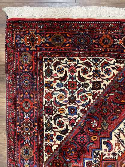 Fine Persian Bidjar Rug 3x5, Geometric Medallion Oriental Bijar Carpet 3 x 5 ft, Ruby Red and Cream, Hand Knotted Wool Rug, Semi Antique Tribal Rug, Nice