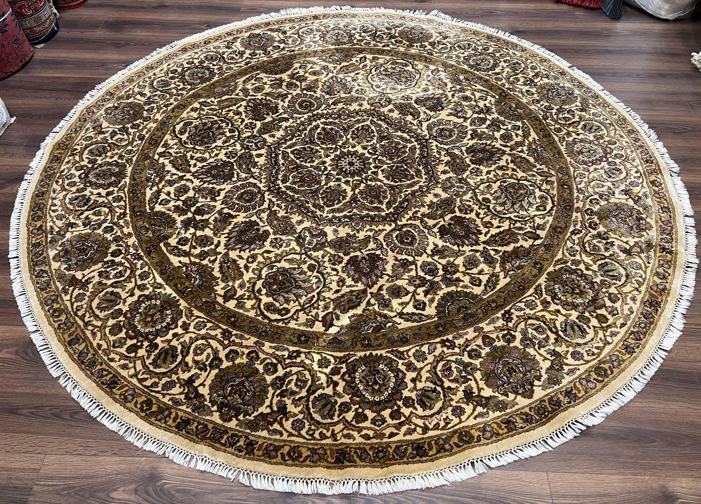 Round Indo Persian Rug 8 by 8 ft Hand Knotted Vintage Wool Circular Carpet Floral Medallion Cream and Green