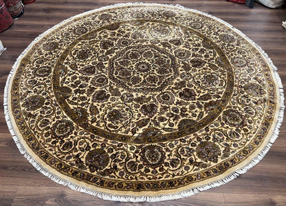 Round Indo Persian Rug 8 by 8 ft Hand Knotted Vintage Wool Circular Carpet Floral Medallion Cream and Green
