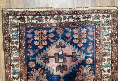 Blue Vintage Persian Hamadan Rug Hand Knotted Wool 4x6 Ft 1950s
