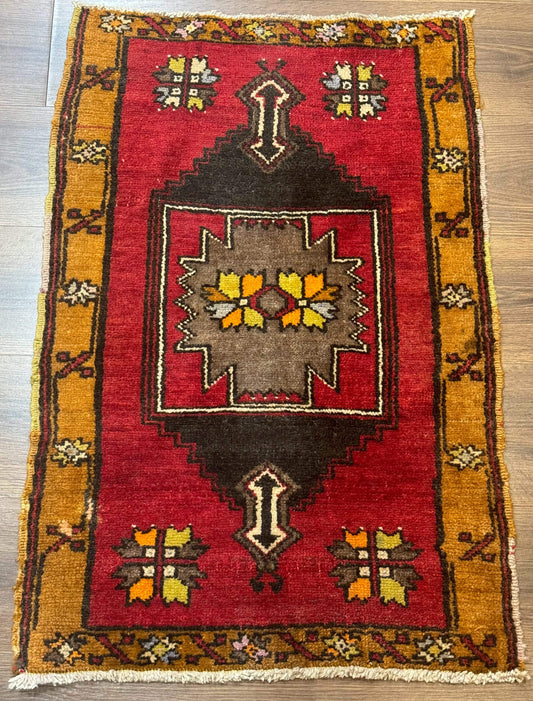 Turkish Yastik Rug 2x3 Geometric Medallion Hand Knotted Wool Red