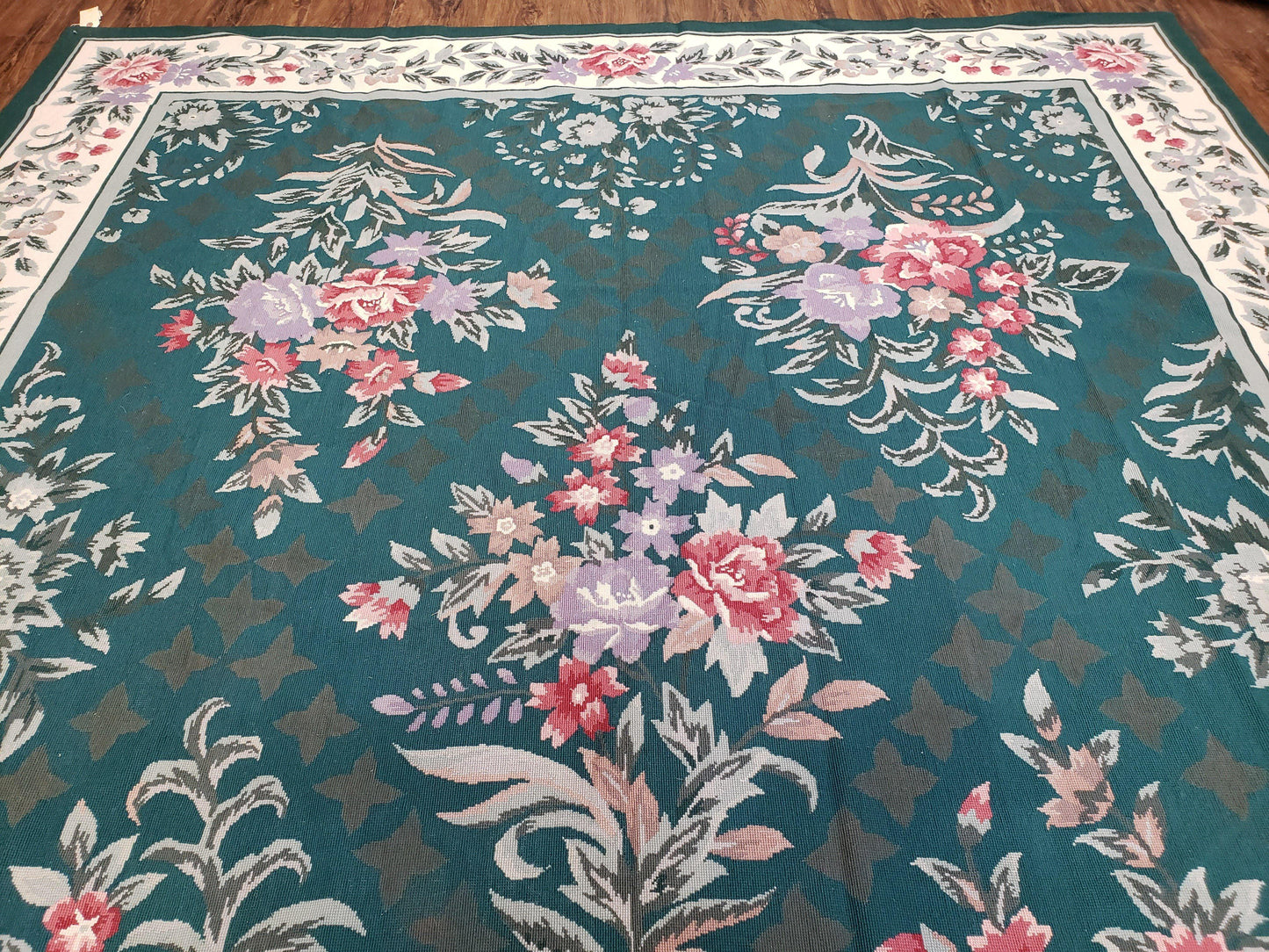 Chinese Needlepoint Rug 8x10 Vintage Green Handwoven Wool Carpet European Floral Living Room Rug