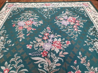 Chinese Needlepoint Rug 8x10 Vintage Green Handwoven Wool Carpet European Floral Living Room Rug
