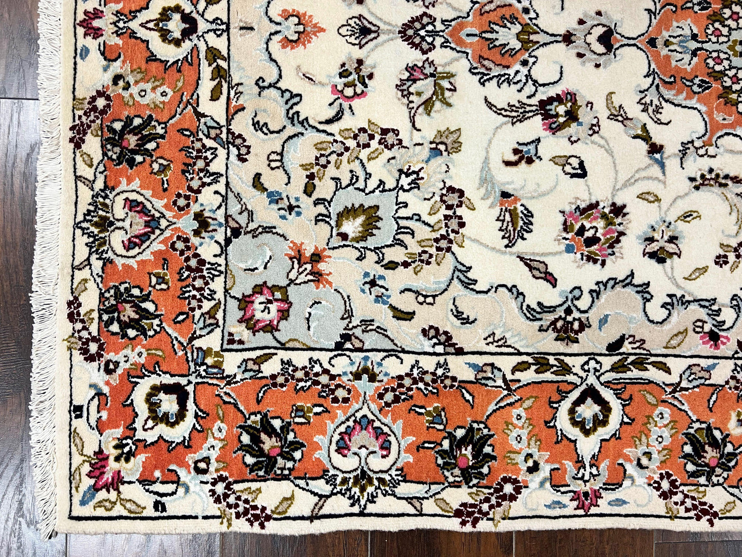 Persian Tabriz Rug 4.5  x 6.8, Finely Hand Knotted Wool with Silk Highlights Vintage Oriental Carpet, Cream and Salmon, High KPSI, Floral Medallion