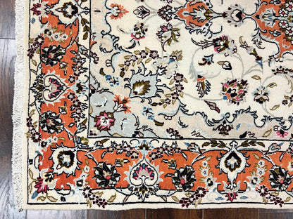 Persian Tabriz Rug 4.5  x 6.8, Finely Hand Knotted Wool with Silk Highlights Vintage Oriental Carpet, Cream and Salmon, High KPSI, Floral Medallion