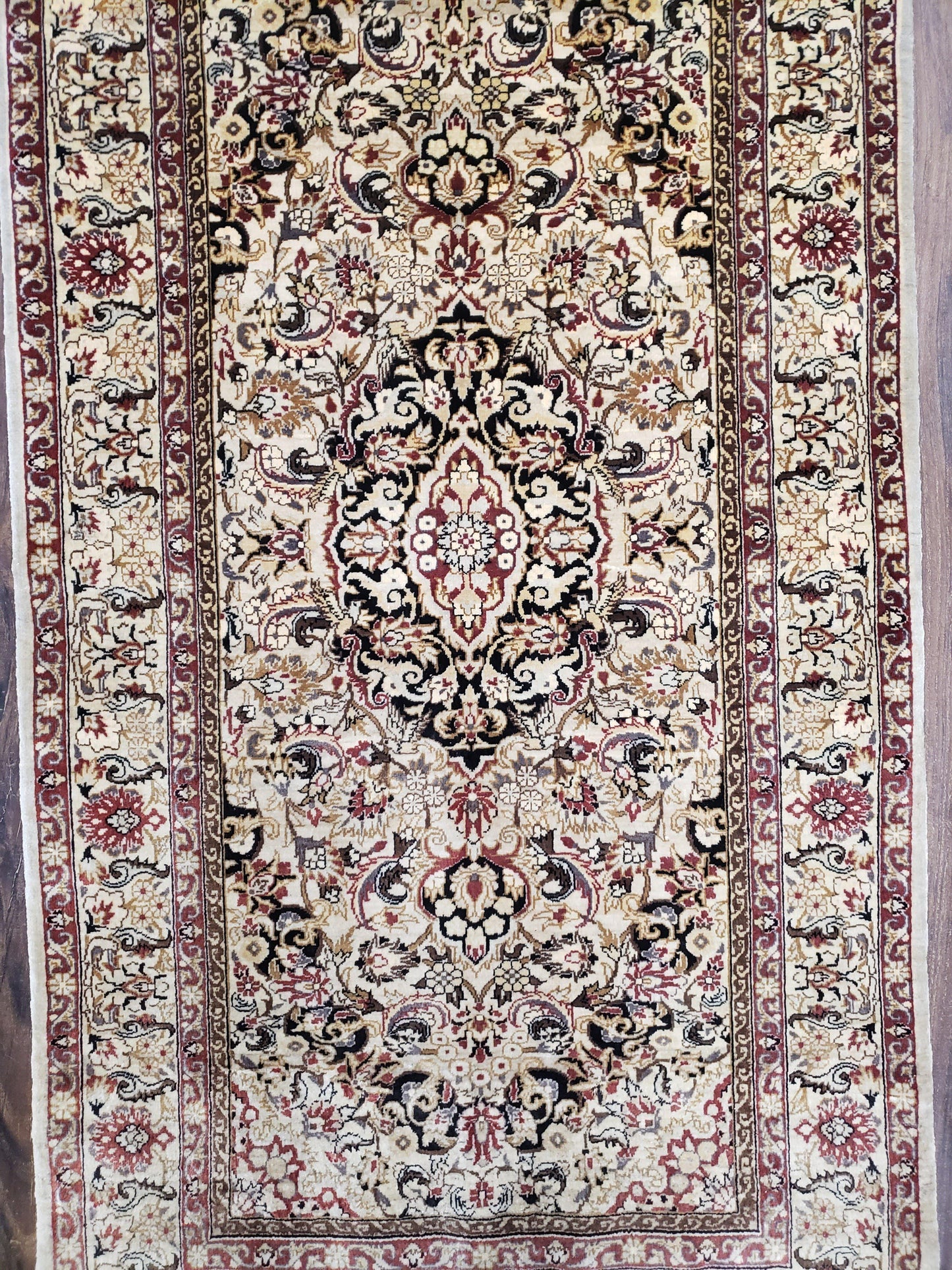 Silk Oriental Rug 1' 7" x 3', Very Fine Silk Carpet, Small Silk Rug, Traditional Floral Medallion, Hand-Knotted Cream Beige Vintage Silk Rug