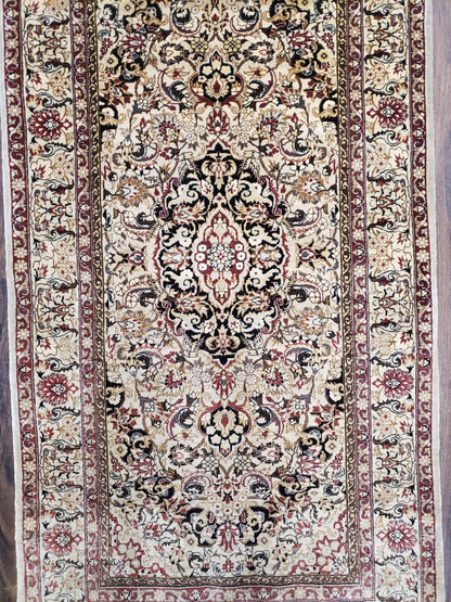 Silk Oriental Rug 1' 7" x 3', Very Fine Silk Carpet, Small Silk Rug, Traditional Floral Medallion, Hand-Knotted Cream Beige Vintage Silk Rug