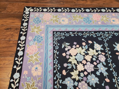 Chinese Needlepoint Rug Hand Woven Wool Vintage Floral Garden European Aubusson Design