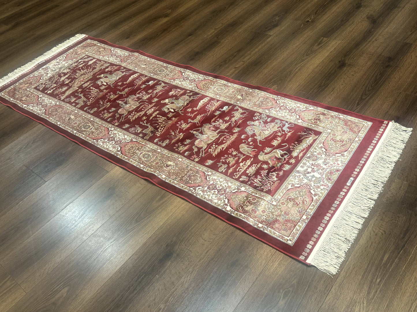 Turkish Silk Rug 2.6 x 6.7, Hunting Design, Short Runner Rug, Red & Ivory, Bamboo Silk, New