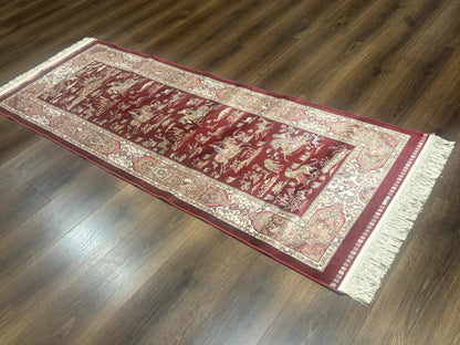 Turkish Silk Rug 2.6 x 6.7, Hunting Design, Short Runner Rug, Red & Ivory, Bamboo Silk, New