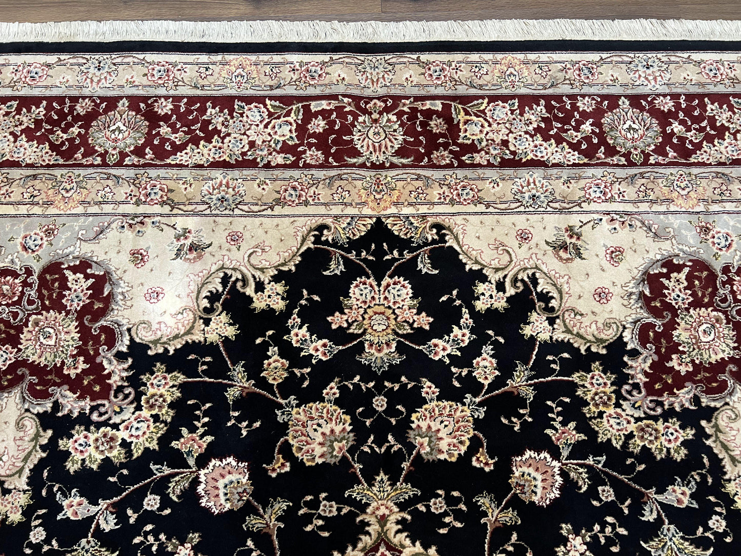 Pak Persian Rug 8.8 x 10.6, Floral Medallion, Wool and Silk Hand Knotted Fine Oriental Carpet, Elegant Rug, Black Gray Burgundy, Room Sized