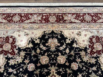 Pak Persian Rug 8.8 x 10.6, Floral Medallion, Wool and Silk Hand Knotted Fine Oriental Carpet, Elegant Rug, Black Gray Burgundy, Room Sized