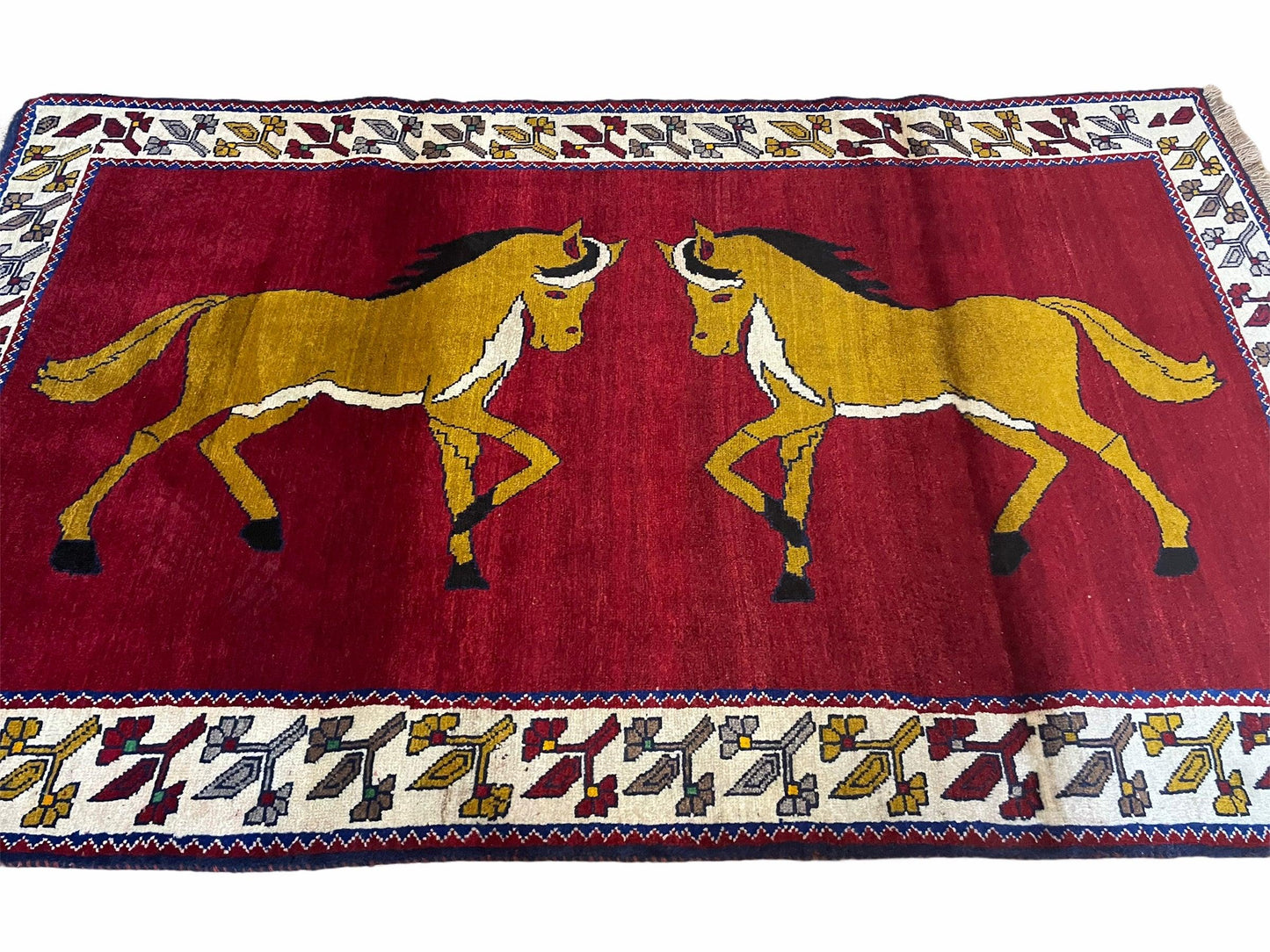 Handmade Hand Knotted Wool Rug Gabbeh 4x7 Horses Zagros Red Mustard Gold New