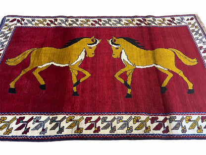 Handmade Hand Knotted Wool Rug Gabbeh 4x7 Horses Zagros Red Mustard Gold New