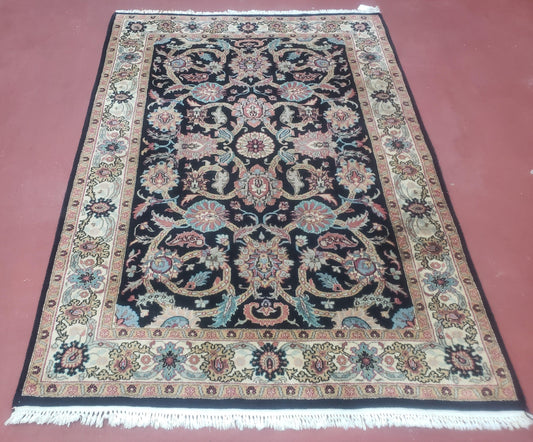 Vintage Indo Persian Mahal Area Rug 4x6, Wool Hand-Knotted Midnight Blue & Ivory Floral Design Indian Carpet, 4 x 6 Traditional Oriental Rug