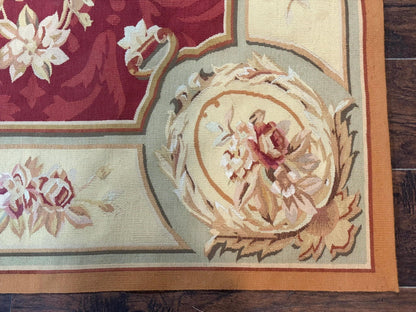Aubusson Rug 4x6 Red Floral European Design Vintage Wool Handwoven
