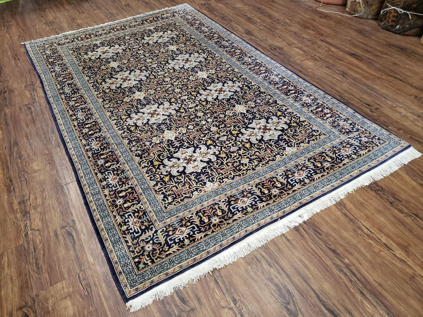 Persian Kashan Rug Hand Knotted Wool Navy Blue