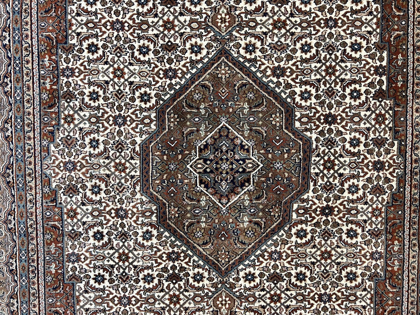 Indo Persian Rug 7x10 ft, Hand Knotted Wool Vintage Oriental Carpet 7 x 10, Traditional Handmade Herati Bidjar Cream Rug, Medallion Rug