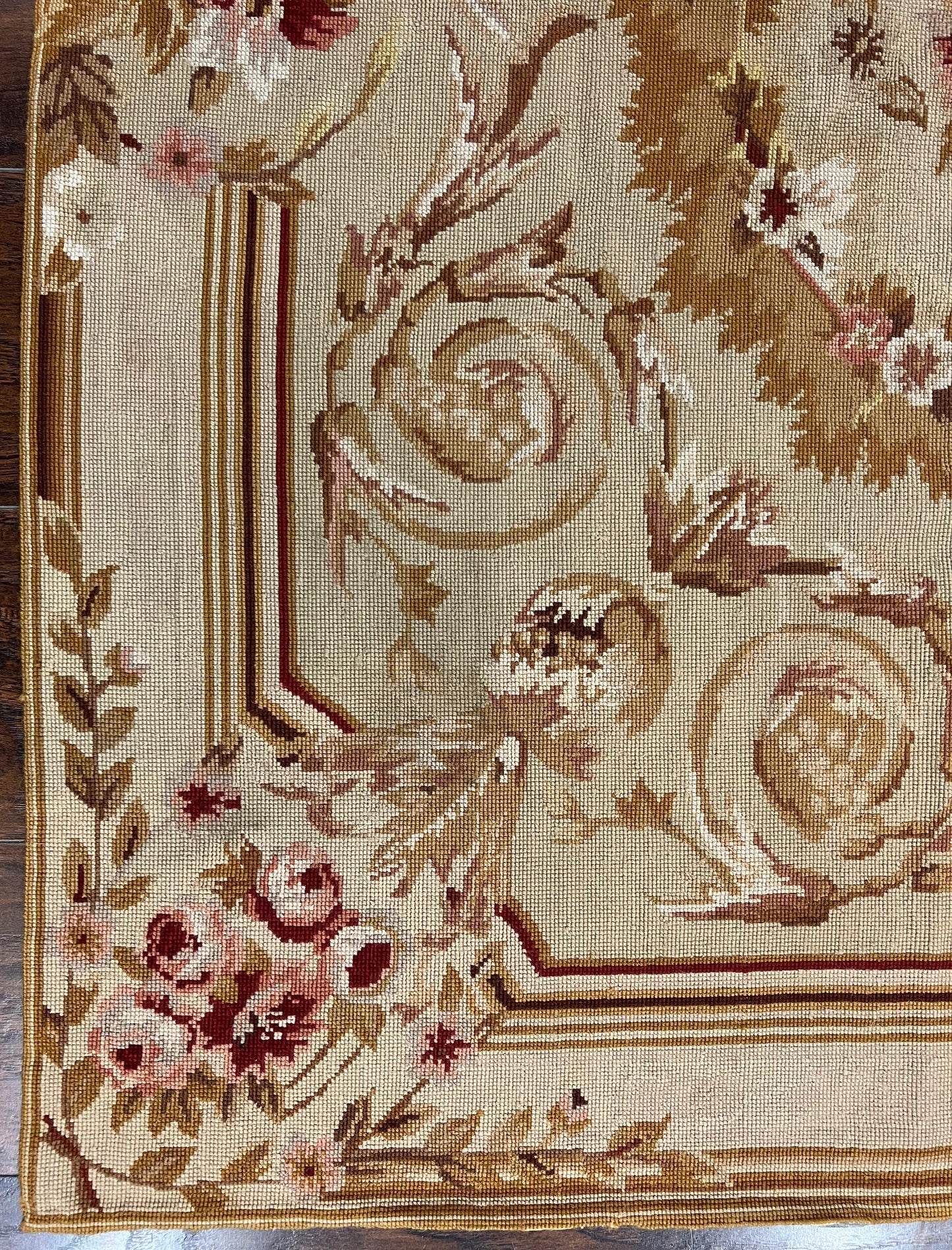 Aubusson Needlepoint Rug 4x5 Ft Beige Tan Vintage Wool Floral Rose European Design