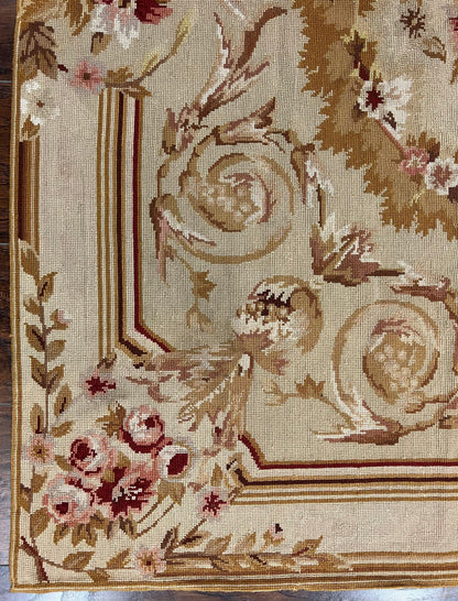 Aubusson Needlepoint Rug 4x5 Ft Beige Tan Vintage Wool Floral Rose European Design