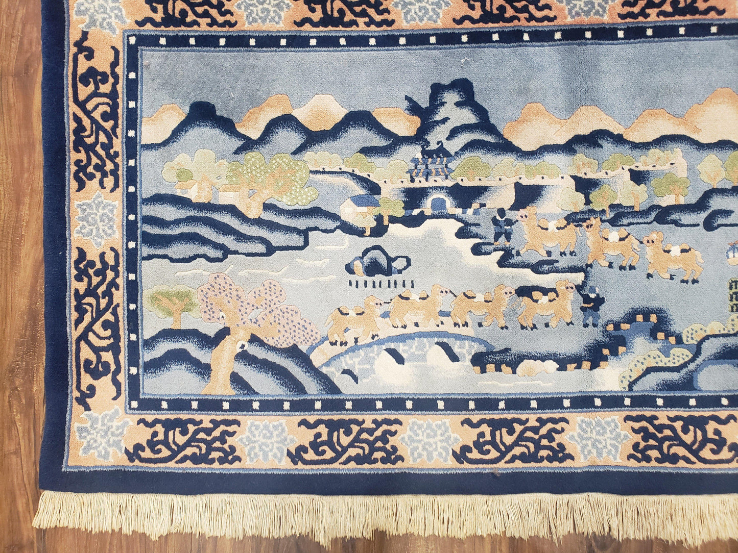 Chinese Pictorial Rug Hand Knotted Wool Vintage 28x55 Inches Teal And Blue Carpet Wall Tapestry