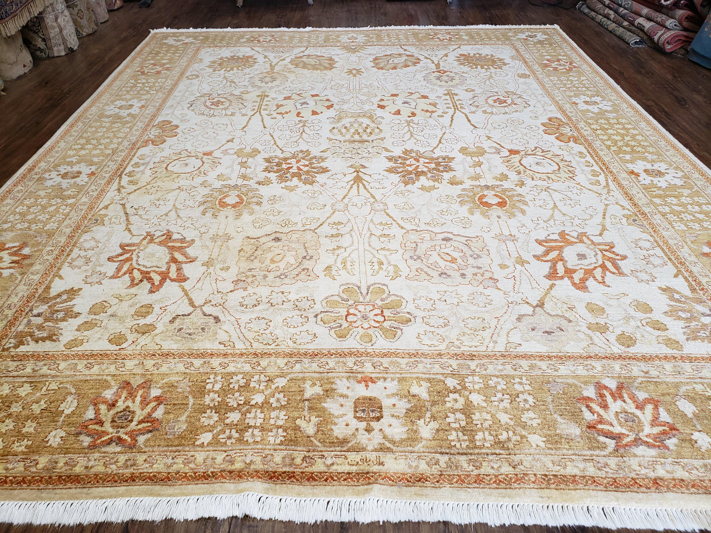 Oushak Rug 8x10 Vintage Hand Knotted Wool Beige Tan Pakistani Peshawar