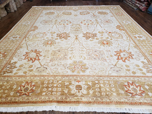 Oushak Rug 8x10 Vintage Hand Knotted Wool Beige Tan Pakistani Peshawar