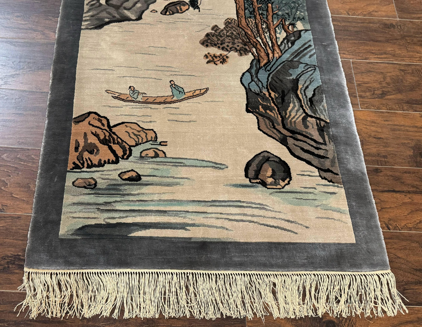 Chinese Silk Wall Hanging Hand Knotted 3x5 Feet River And Boat Scene Rug Tapestry For Home Decor