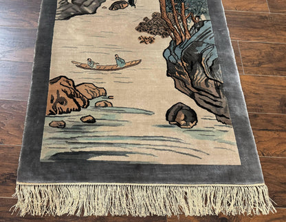 Chinese Silk Wall Hanging Hand Knotted 3x5 Feet River And Boat Scene Rug Tapestry For Home Decor
