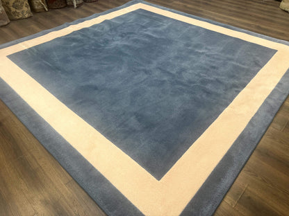 Blue And Cream Square Rug 10x10 Ft Hand Tufted Wool Modern Area Carpet