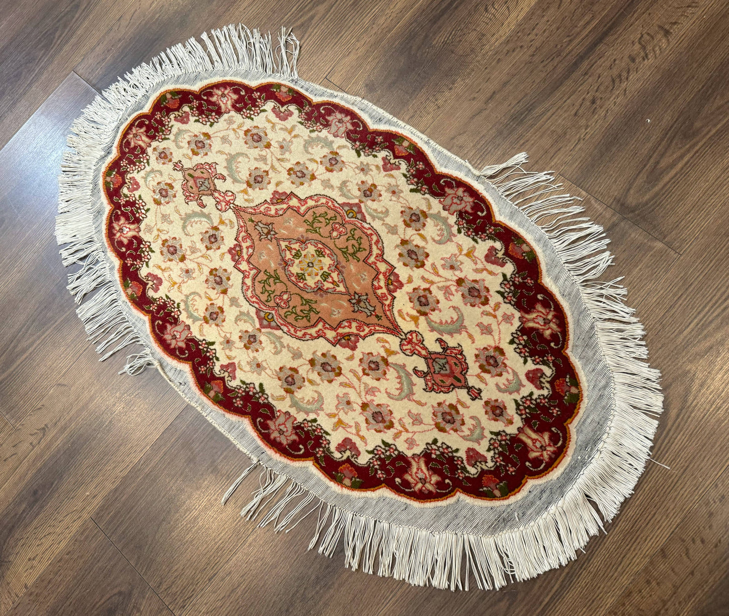 Small Oval Persian Tabriz Rug 2x4, Kork Wool and Silk Highlights, Fine 260 KPSI