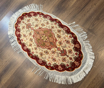 Small Oval Persian Tabriz Rug 2x4, Kork Wool and Silk Highlights, Fine 260 KPSI