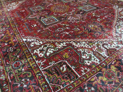 Heriz Rug 9x11, Geometric Persian Carpet Room Sized, Tribal Medallion Rug, Red Ivory Dark Blue Handmade Wool Rug for Living Room Dining Room