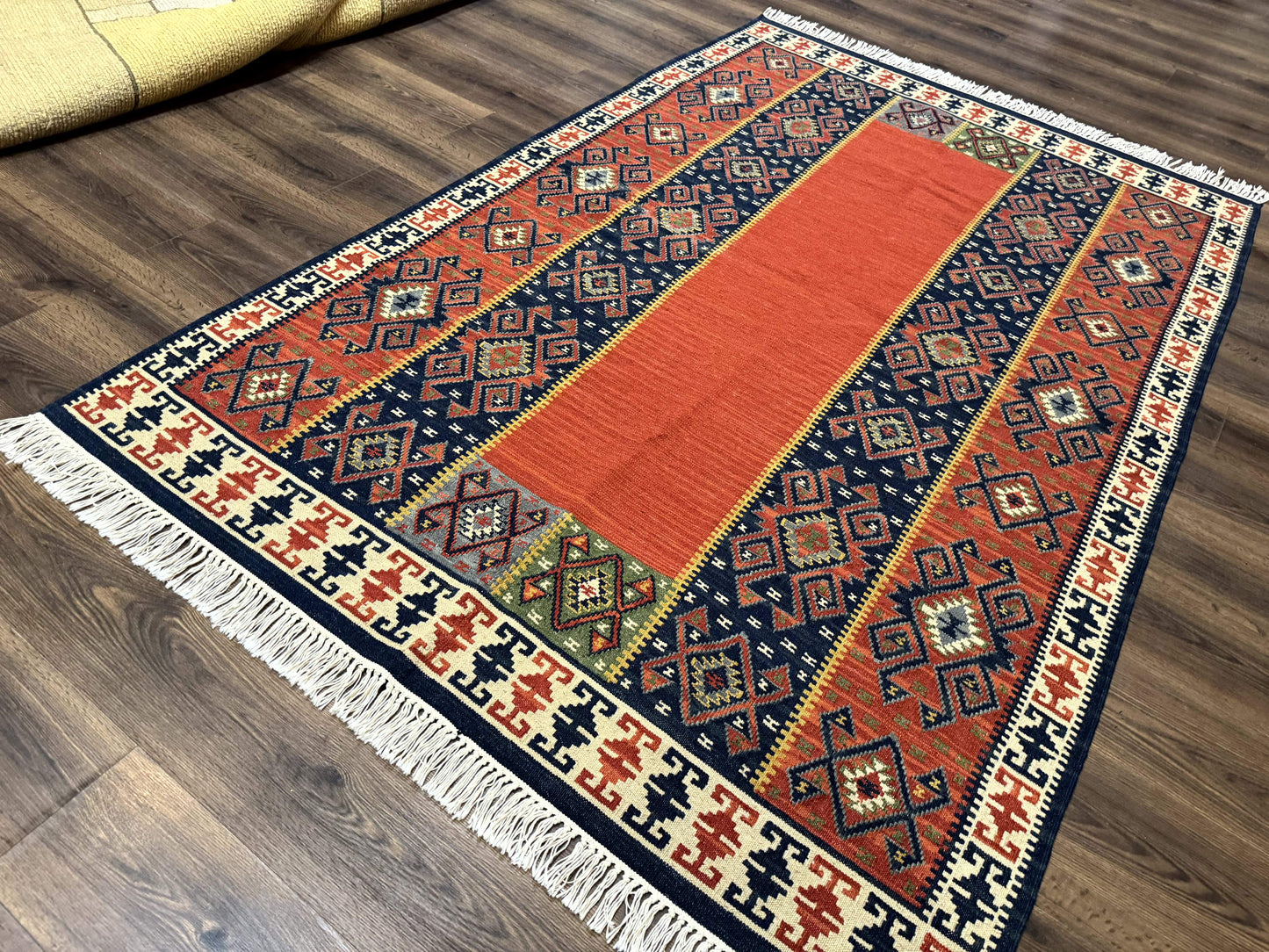 Turkish Kilim Rug 5x8 Handmade Flatweave Bohemian Carpet Terracotta Navy