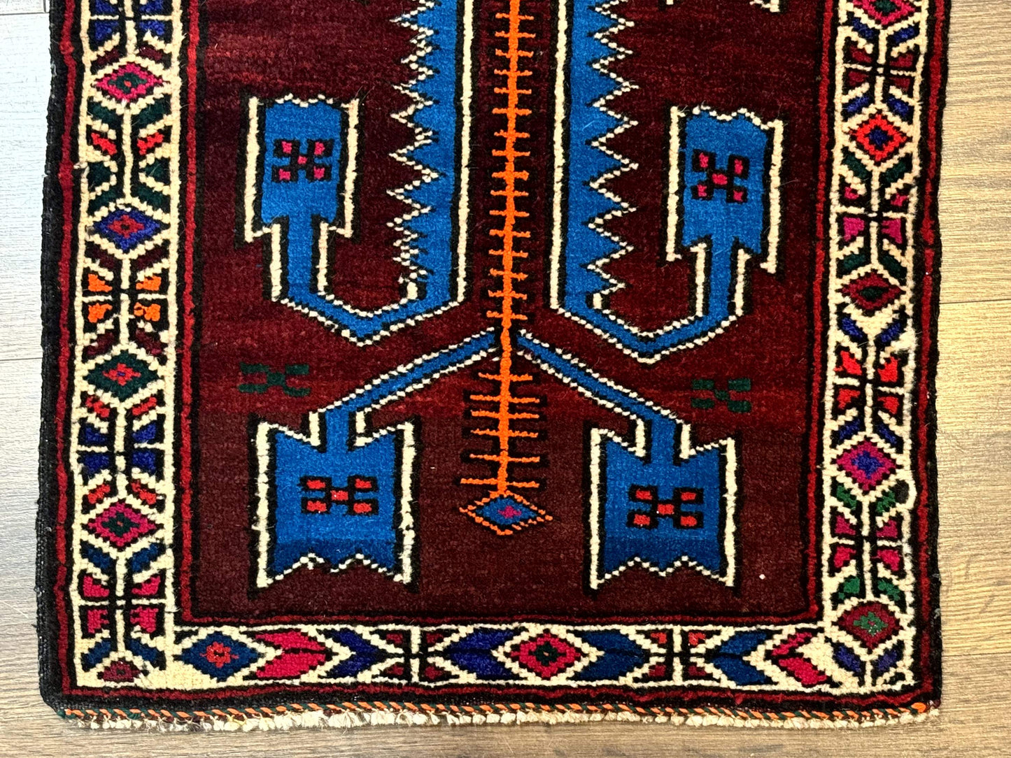 Persian Baluchi Rug Small Geometric Burgundy And Blue Design
