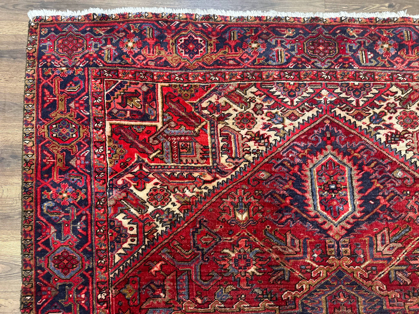 Persian Heriz Rug 7x10, Geometric Pattern, Red Ivory Navy Blue