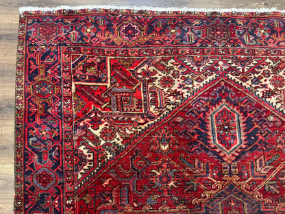 Persian Heriz Rug 7x10, Geometric Pattern, Red Ivory Navy Blue