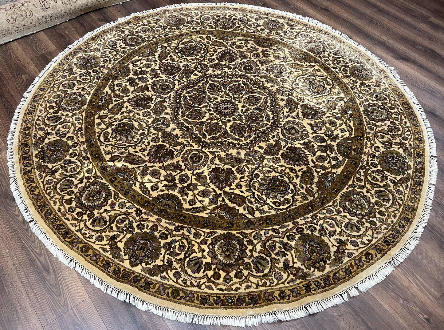 Round Indo Persian Rug 8 by 8 ft Hand Knotted Vintage Wool Circular Carpet Floral Medallion Cream and Green