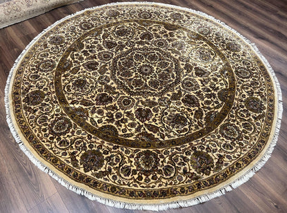 Round Indo Persian Rug 8 by 8 ft Hand Knotted Vintage Wool Circular Carpet Floral Medallion Cream and Green