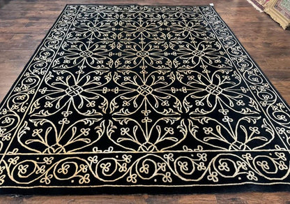Tibetan Rug 8x10 Wool Silk Handmade With Raised Pattern Black And Gold Floral