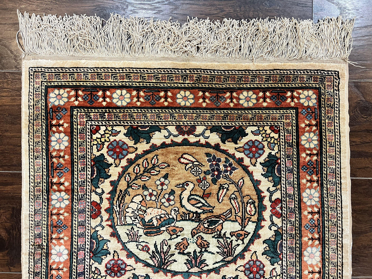 Silk Turkish Rug 2x4, Fine Handmade Oriental Rug, Animal Pictorial Birds Silk Pile on Silk Foundation Vintage Hand Knotted Hereke Carpet