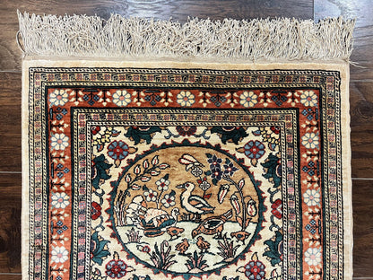 Silk Turkish Rug 2x4, Fine Handmade Oriental Rug, Animal Pictorial Birds Silk Pile on Silk Foundation Vintage Hand Knotted Hereke Carpet