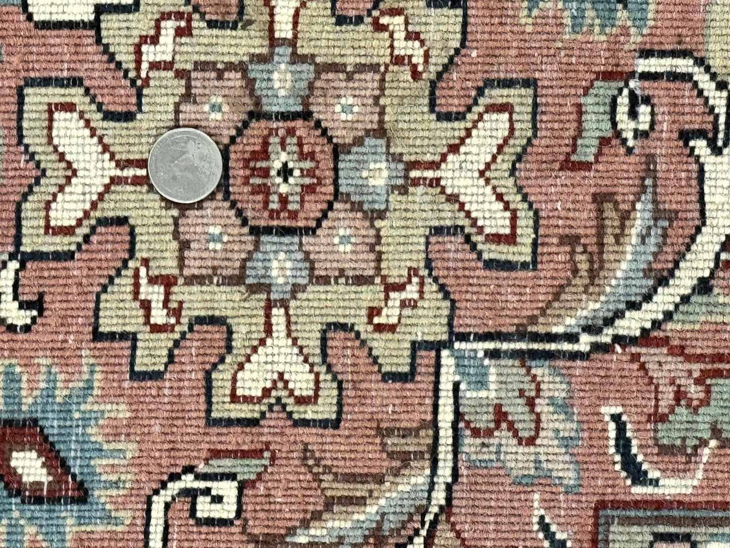 Indo Persian Rug 9x12, Vintage Handmade Wool Carpet, Repeated Allover Motif, Navy Blue and Pink