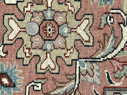 Indo Persian Rug 9x12, Vintage Handmade Wool Carpet, Repeated Allover Motif, Navy Blue and Pink